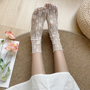 白色蕾丝袜女夏季薄款搭配玛丽珍堆堆袜花边网纱透气甜美中筒袜