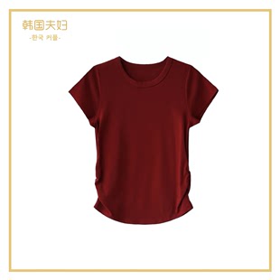 小田粉丝时尚褶皱，收腰显瘦t恤设计感短款纯色，上衣#5460#
