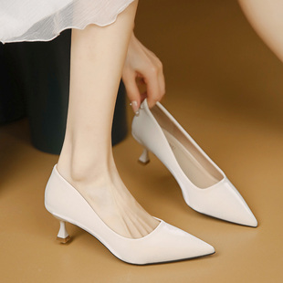 高跟鞋女细跟春3公分小跟米白色尖头浅口单鞋5厘米中跟女鞋子