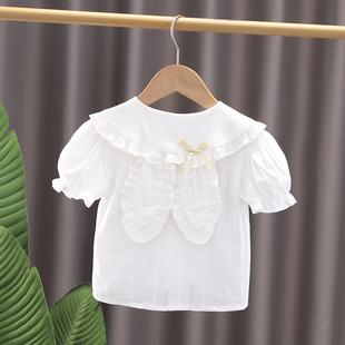 女童衬衫2024夏季女宝宝纯棉白色衬衣短袖娃娃领上衣薄款童装