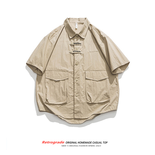 日系复古小众设计感个性纽扣短袖衬衣宽松衬衫外套T恤男夏季上衣