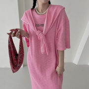 韩国chic夏季法式甜美圆领字母印花披肩设计宽松短袖T恤连衣裙女