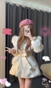 韩版可爱少女冬季加厚版时尚减龄拼接毛领棉服宽松绑带蝴蝶结外套