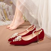 新娘婚鞋2023年中式红色结婚鞋子平跟绑带孕妇两穿秀禾新娘鞋