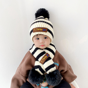 韩版儿童帽子围巾套装秋冬季保暖宝宝毛线帽条纹男女童针织套头帽