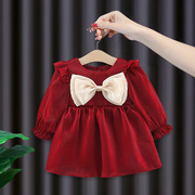 1-3岁女童洋气连衣裙春秋款2宝宝红色公主裙婴儿周岁加绒礼服裙子