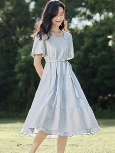 茵曼法式方领短袖连衣裙女士，2023年夏季纯棉，收腰裙子小个子