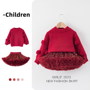 欧美女童圣诞节长袖毛衣红色毛球保暖上衣冬季tutu裙套装衣服