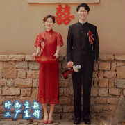 中式红色蕾丝旗袍民国风结婚复古中山装影楼拍照情侣写真主题服装
