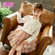 女童长袖衬衫韩版秋季中大童，白色上衣纯棉，淑女风儿童立领衬衣