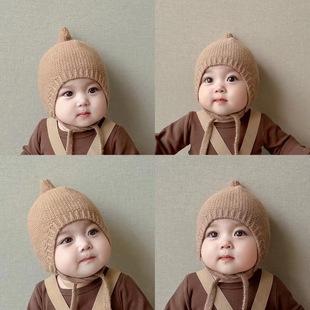 韩版婴儿帽子秋冬保暖毛线帽，可爱纯色百搭奶嘴，针织男女宝宝护耳帽