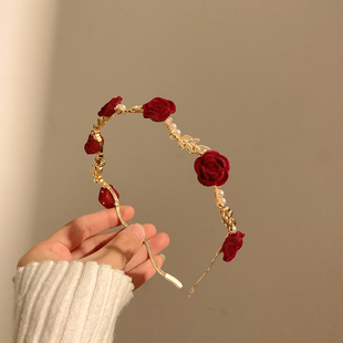 法式复古干枯玫瑰红色花朵珍珠发箍女高级感小众发卡头箍新娘头饰