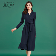 琳丹乐西装领连衣裙，深蓝色简约ol气质，韩版40岁中年纯色通勤系带