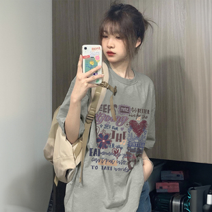 韩系chic短袖t恤女2024夏季灰色，纯棉重磅宽松半袖别致上衣女