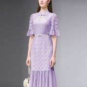 2024夏季气质，优雅立领新中式盘扣修身浅紫蕾丝网纱连衣裙