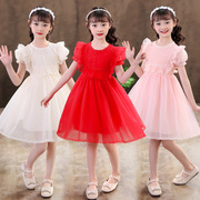 儿童蕾丝公主裙大红色3小女孩，礼服女童夏季连衣裙6蓬蓬纱裙子10岁