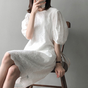 连衣裙短袖法式蕾丝镂空泡泡袖中长款宽松显瘦大码女装夏白色(夏白色)裙子