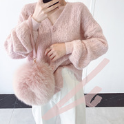 粉色V领毛衣女外穿开衫宽松灯笼袖秋冬短款兔毛慵懒风加厚上衣