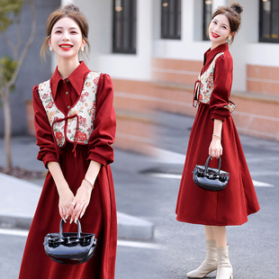 秋季时尚女装秋装修身衣服打底裙子高腰酒，红色长袖中长裙连衣裙