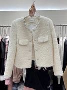 法式高级感珍珠领白色名媛，小香风外套，女士冬季加厚短款开衫上衣潮