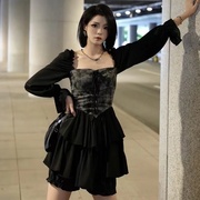 甜酷气质连衣裙秋冬拼接系带显瘦黑色连衣裙高腰蓬蓬裙女小众