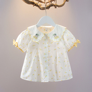 女童夏季短袖衬衫1-4岁女宝宝娃娃，领碎花薄款衬衣小童棉布上衣潮
