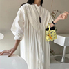 韩国chic夏季法式复古立领蕾丝镂空拼接设计宽松灯笼袖连衣裙长裙