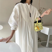 韩国chic夏季法式复古立领蕾丝，镂空拼接设计宽松灯笼袖连衣裙长裙