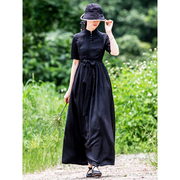 仙衣裾设计师黑色连衣裙中式立领夏季复古气质女士修身长裙大摆裙
