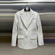 欧美镂空蕾丝透视拼接西装，上衣当季版型挺阔垫肩白色西服外套