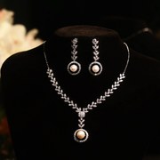 复古锆石珍珠项链耳环套装锁骨链婚纱晚宴会礼服气质华丽轻奢银饰