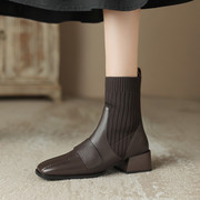 欧美时尚拼接毛线筒袜靴真皮方头ins风弹力靴粗跟短靴子女马丁靴