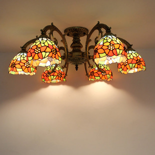 美式客厅吸顶灯led北欧日复古日式古典6头大气低层彩色玻璃田园灯