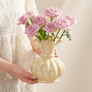 美式芬顿奶油中古陶瓷，花瓶客厅ins风水养，插花鲜花干花装饰品摆件