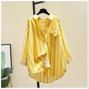 黄色条纹衬衫女2023春季韩版蝙蝠袖中长款衬衣设计感防晒