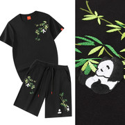 国潮熊猫竹子刺绣短袖t恤短裤运动休闲套装中国风潮宽松纯棉衣服