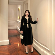 glec高端胖mm大码女装，法式气质优雅高级感黑色复古丝绒礼服连衣裙