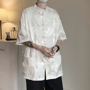 新中式男装白衬衫半袖中国风，唐装高级垂感短袖龙暗纹(龙，暗纹)双面外套衬衣