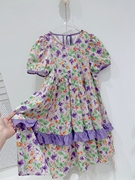 23夏季女童韩版公主印花短袖紫色碎花纯棉大童连衣裙花边
