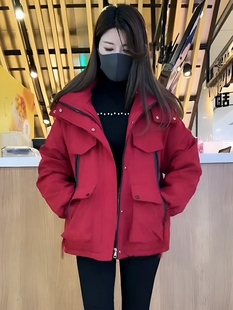 韩版纯色加绒连帽冲锋衣女2024冬季宽松工装棉服短款加厚外套