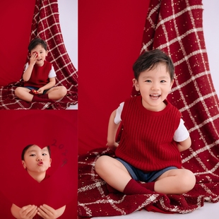 儿童摄影服装男孩新年拍照道具，红色毛衣龙年拜年照小童写真照服饰