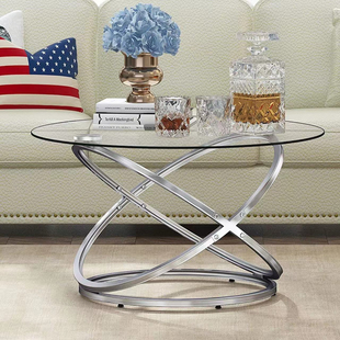 圆形钢化玻璃茶几铁艺轻奢创意，办公室客厅沙发角，几边几透明咖啡桌