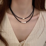 黑色水晶珍珠项链，女小众设计轻奢锁骨链，2024年潮甜美颈链项饰
