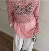复古粉色镂空微透圆领长袖，针织衫女宽松甜美中长款防晒空调薄上衣