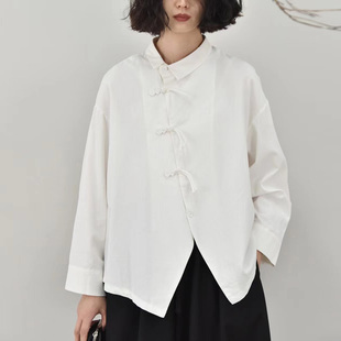 自制新中式国风元素长袖衬衫女盘扣斜襟不规则小众设计感polo衬衣
