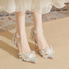 婚紗高跟鞋女花朵设计感银色水晶鞋成年礼服一字扣带单鞋女