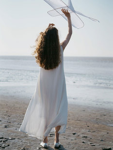 softself风的形状法式浪漫白色珍珠扣背心无袖大摆连衣裙子夏季