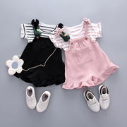 2024童装洋气韩版短袖T恤公主背带裤两件套1-4岁女童夏装套装