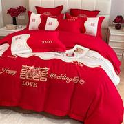 高级感轻奢全棉刺绣，婚庆四件套红色中式简约结婚陪嫁新婚床上用品