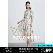Basic House/百家好新中式国风连衣裙中长款夏季中袖v领裙子